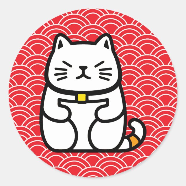 Pegatina Redonda Gato afortunado japonés o Maneki-Neko (Anverso)