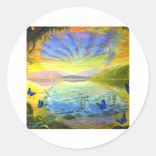 Pegatina Redonda Gato, amanecer y río de vida