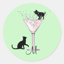 Pegatina Redonda Gato Amantes Burlas Cocktail Verde moderno Monogra