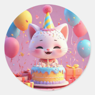 Pegatina Redonda Gato animado celebrando una fiesta de cumpleaños
