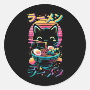 Pegatina Redonda Gato animado comiendo Ramen Gato japonés de Ramen 