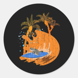 Pegatina Redonda Gato Animal Surfista Divertido Tabla De Surf Océan