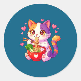 Pegatina Redonda Gato Anime Comiendo Fideos Ramen Con Corazones Div
