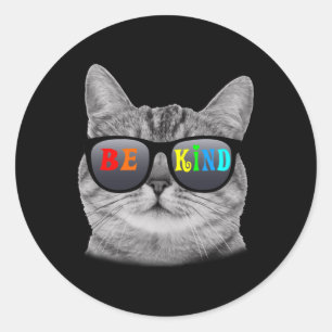 Pegatina Redonda Gato anti-bullying elige ser amable arcoiris largo