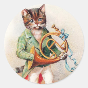 Pegatina Redonda Gato antitropomórfico lindo con cuerno francés