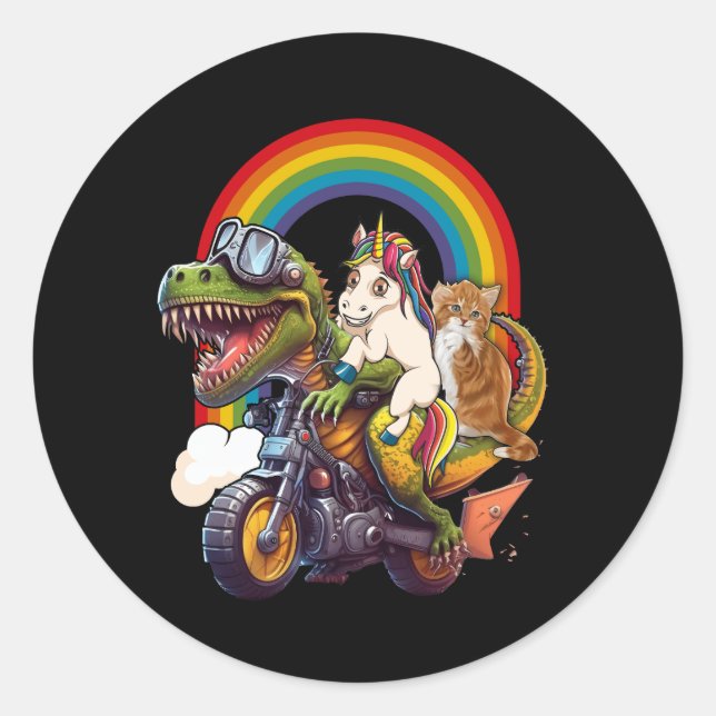 Pegatina Redonda Gato Arcoiris Unicornio Dinosaurio T Rex Kitten Lo (Anverso)