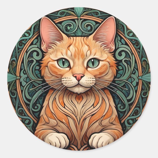 Pegatina Redonda Gato Art Nouveau Ginger (Anverso)