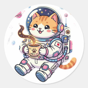 Pegatina Redonda Gato Astronauta Adorable Bebiendo Café Clásico Red