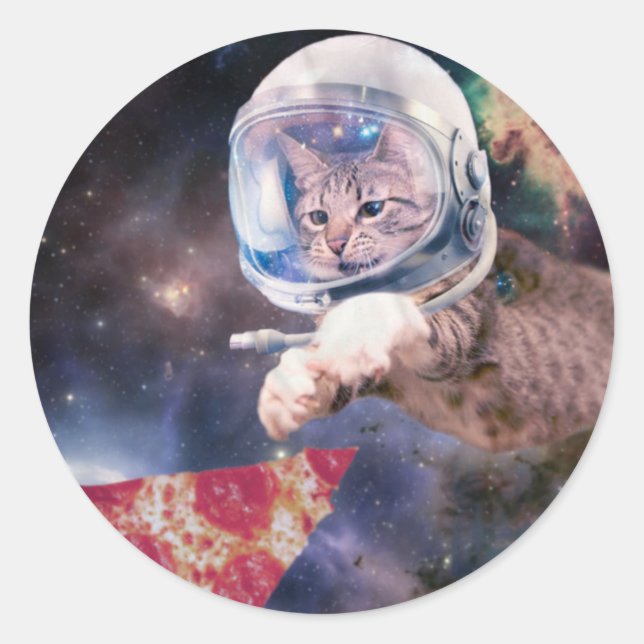 Pegatina Redonda Gato astronauta cazando una porción de pizza (Anverso)