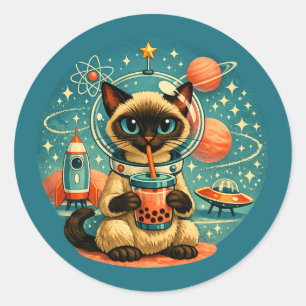 Pegatina Redonda Gato Astronauta Siamés del Espacio Exterior de la