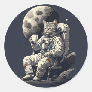 Pegatina Redonda Gato Astronauta Tomando Taza de Café