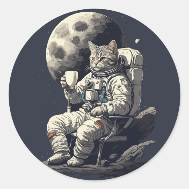 Pegatina Redonda Gato Astronauta Tomando Taza de Café (Anverso)