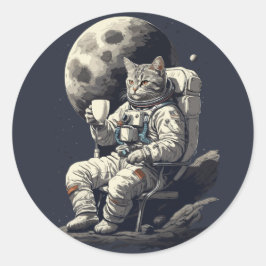 Pegatina Redonda Gato astronauta tomando una copa de café