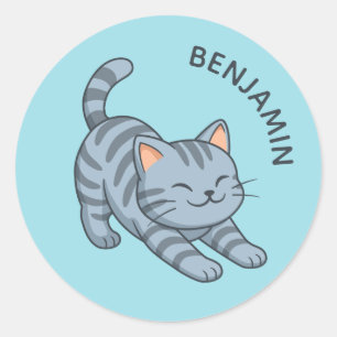 Pegatina Redonda Gato atigrado gris estirándose con nombre personal