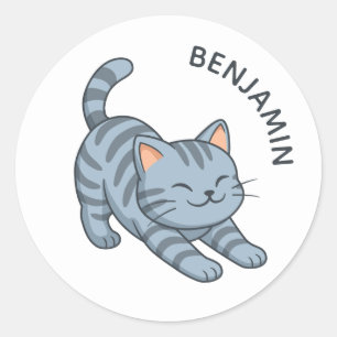 Pegatina Redonda Gato Atigrado Gris Estirándose Nombre Personalizad