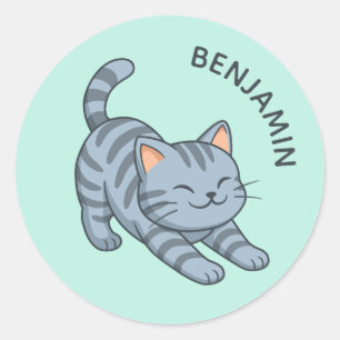 Pegatina Redonda Gato atigrado gris estirándose Nombre personalizad