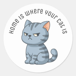 Pegatina Redonda Gato atigrado gris gruñón texto personalizado