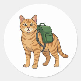Pegatina Redonda Gato atigrado jengibre lindo con mochila