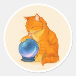 Pegatina Redonda Gato atigrado naranja con bola de cristal azul