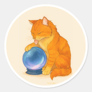 Pegatina Redonda Gato atigrado naranja con bola de cristal azul