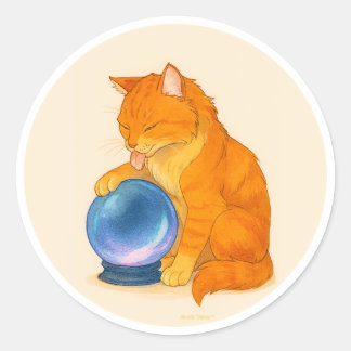 Pegatina Redonda Gato atigrado naranja con bola de cristal azul