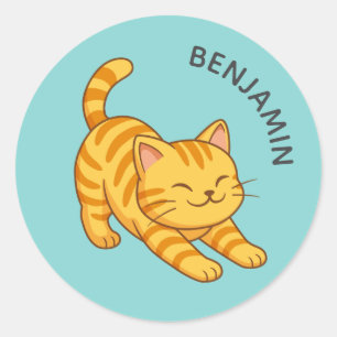 Pegatina Redonda Gato Atigrado Naranja Estirándose Tab Personalizad