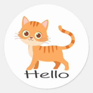 Pegatina Redonda Gato Atigrado Naranja Gatito Lindo Dibujo Animado