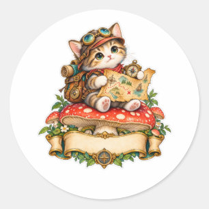 Pegatina Redonda Gato aventurero lindo – Explorador de fantasía con