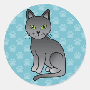 Pegatina Redonda Gato azul ruso con ojos verdes que está sentado