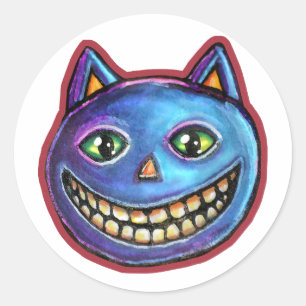 Pegatina Redonda Gato azul sonriente Vintage Halloweenies