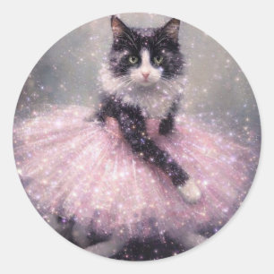 Pegatina Redonda Gato Bailarina Brillante con Tutú Rosa
