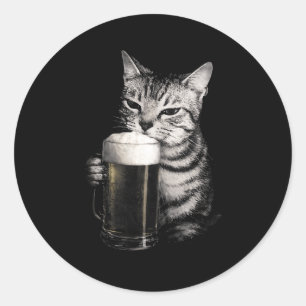 Pegatina Redonda Gato bebe cerveza divertido meme hombres mujeres c