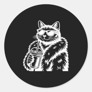 Pegatina Redonda Gato bebiendo café helado meme divertido de animal