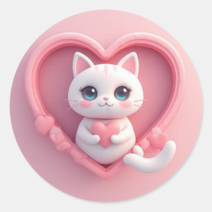 Pegatina Redonda Gato Blanco Adorable con Corazón Diseño de Amor Ga