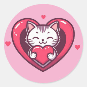 Pegatina Redonda Gato Blanco Adorable con Corazón Diseño de Amor Ga