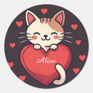 Pegatina Redonda Gato Blanco Adorable con Corazón Diseño de Amor Ga