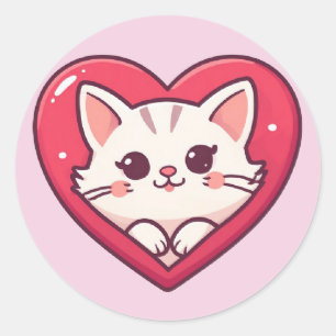 Pegatina Redonda Gato Blanco Adorable con Corazón Diseño de Amor Ga