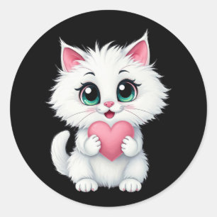 Pegatina Redonda Gato Blanco Adorable Sosteniendo Un Corazón 1