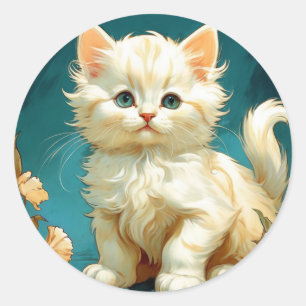 Pegatina Redonda Gato blanco Alphonse Mucha Art Nouveau
