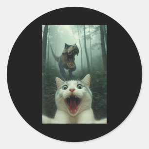 Pegatina Redonda Gato Blanco Divertido Selfie Con Dinosaurio T-Rex,