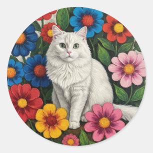 Pegatina Redonda Gato blanco esponjoso y flores de arte popular