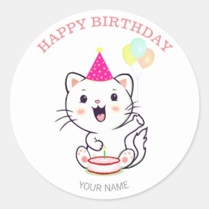 Pegatina Redonda Gato Blanco Feliz y Adorable con Globos Cumpleaños