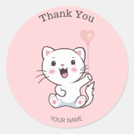Pegatina Redonda Gato blanco feliz y lindo con globo de corazón Gra