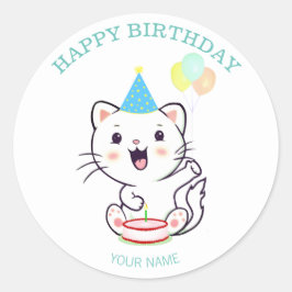 Pegatina Redonda Gato blanco feliz y lindo con globos Cumpleaños 