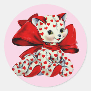 Pegatina Redonda Gato blanco gatito con corazones San Valentín vint