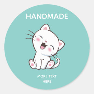 Pegatina Redonda Gato blanco lindo en mano teal claro Hecho a mano