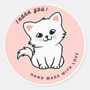 Pegatina Redonda Gato blanco lindo rosa hecho a mano con amor Graci
