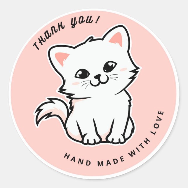 Pegatina Redonda Gato blanco lindo rosa hecho a mano con amor Graci (Anverso)