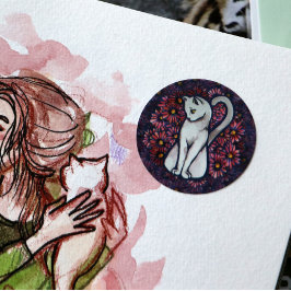 Pegatina Redonda Gato blanco Mauve Daisies