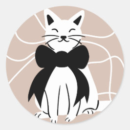 Pegatina Redonda gato blanco y negro con línea abstracta